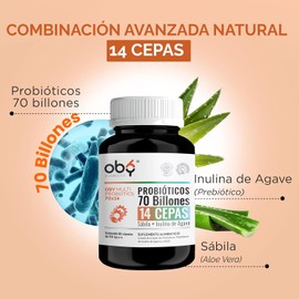 Probioticos 70 Billones de 14 Cepas + Prebioticos Inulina de Agave + Sabila | Probioticos Mujer y Hombre | OBY MULTI Probiotics 70 billones (60 capsulas)