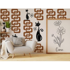 Vintage Meow-dern: Chained Cat Wall Decal | Unique Chained Cat Wall Art | Vintage Bold Chained Cat Peel and Stick Wall Decal | 22 x 80