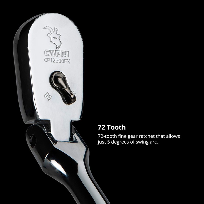 Capri Tools 1/2-Inch Drive Low Profile Flex-Head Ratchet, True 72-Tooth,