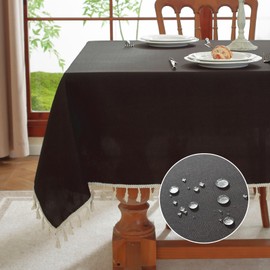 meioro Rectangular Tablecloth, Water-Resistant with Lotus Effect, Tassel Tablecloth Polyester Table Cover, Waterproof Tablecloths, Table Protector for Kitchen, Dining Room, Decoration (Black, 140 x