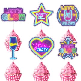 18-piece neon cupcake toppers set Let's Glow Hip Hop Happy Birthday decorations for boys and girls themed birthday parties, kids neon theme parties, and glow crazy themed party decorations. SugarGera