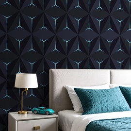 FunStick Navy Blue Peel and Stick Wallpaper Modern Dark Blue Cube Geometric Wallpaper for Bathroom Bedroom Accent Wall Decor Self Adhesive Abstract Blue Removable Contact Paper Waterproof 17.5"x118"