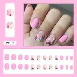 24Pcs Pink Short Press on Nails Square Shape Fake Nails with Flower Designs Glossy Full Cover Stick on Nails Short Daisy Flowers Pink Frosted Acrylic False Nails Spring Floral Glue on Nails for Women