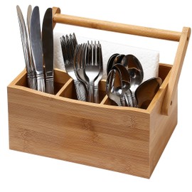 YBM HOME Bamboo Flatware Utensil Caddy with Napkin Holder and Handle, Wood Picnic Basket for Kitchen and Camping Trip, 336