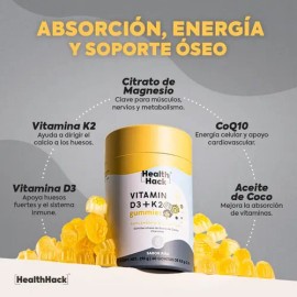 Vitamina D3 + K2 en Gomitas con Aceite de Coco, Coenzima Q10 y Magnesio, 400 UI D3, 30 ug K2, 100 mg CoQ10 por Porción, Sabor Piña, Sin Azúcar, 60 Gom