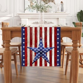 Linen Watercolor Red White and Blue American Flag Stars Table Runner 72 Inches Long 4th of July Memorial Day Veterans Day Patriotic Decoration and Supplies for Home