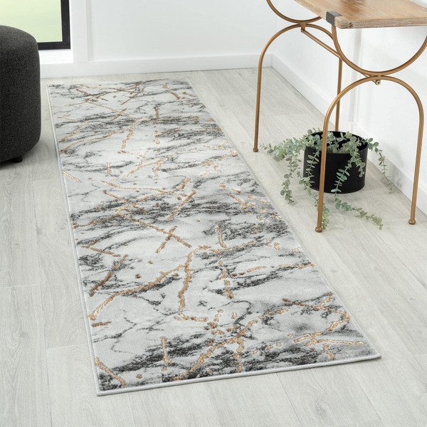 LUXE WEAVERS Ivory 2x7 Marble Abstract Area Rug Gold Living Room Rug