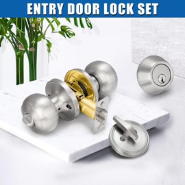 3 Sets Entry Door Knob and Single Cylinder Deadbolt Combo Set, Keyed Alike Round Ball Satin Nickel Exterior Door Knobs with Lock and Keys for Entrance and Front Door