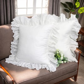 Lemfux Cotton Euro Shams with White Lace Ruffles, 26 x26 Inch, Set of 2,Rustic Farmhouse Lace Shabby Soft Breathable Bridal Pure White European, White Decorative Pillow Covers