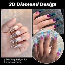 120 Pcs Coffin Nail Tips, ZAHRVIA Clear Extra Long Coffin Nail Tips, 3D Diamond Shape Designs Soft Gel Tip Full Cover Acrylic Nail Tips, 15 Sizes Suitable for Nail Tips Art Salons and Home DIY