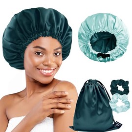 BONNET QUEEN BONNET QUEEN Silk Bonnet for Sleeping Satin Bonnet Double Layer Hair Bonnet Reversible Adjustable Bonnet Sleep Cap for Women Curly Hair(4 Items Gift Pack,Dark Green  Green