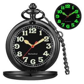 Tiong Black Men's Smooth Steel Mechanical Pocket Watch with Luminous Dial Mechanical Pocket Watches with Chain for Men