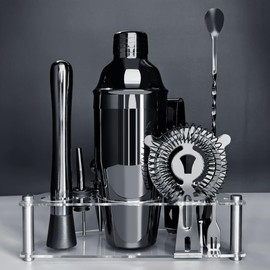 Cocktail Shaker Set with Stand, Cocktail Shaker Bartender Kit: Bar Tool Set, Drink Mixing Includes Martini Shaker,Strainer,Jigger,Bar Mixer Spoon,Muddler, Pourer, Bottle Stopper (Black)