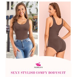 Nebility Womens' Waist Trainer Seamless Round Neck Tummy Control Shapewear Bodysuit (Chocolate Brown, XS/S)
