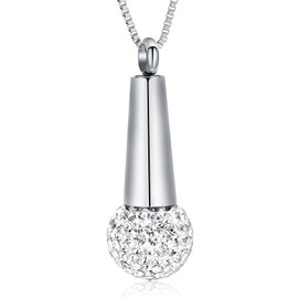 XSMZB Microphone Urn Necklace for Ashes Stainless Steel Crystal Keepsake Memorial Cremation Jewelry for Ashes Pendant Locket (Silver)