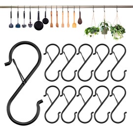 Quacc 10 PCS S Hooks for Hanging Heavy Duty Metal S Hooks with Safety Buckle Design S Shaped Hooks for Hanging Kitchen Utensils, Pots and Pans, Plants, Lights, Clothes, Bags (Black)