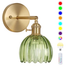 EIDEARAY Battery Operated Wall Sconce, Vintage Wall Sconce with Deep Green Tulip Glass Lampshade Rechargeable Battery Powered Wall Light with Remote Control for Bedroom,Living Room, Hallway, Aisle