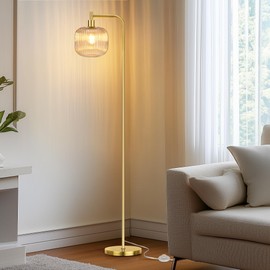 QiMH Glass Floor Lamp for Living Room, Modern Standing Lamp with Ribbed Grey Glass Lampshade Pedal Switch, 67” Tall Lamp for Bedroom Study Room, Black (2700K LED Bulb Included)