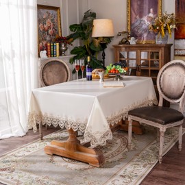 ARTABLE Lace Tablecloth Rectangle Waterproof Lace Table Cover with Exquisite Macrame Border for Wedding Kitchen Holidays Party Decor (Beige-1, 52 x 70 Inch)