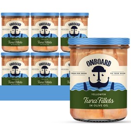 ONBOARD Yellowfin Tuna Fillets, Mediterranean Seafood Diet | Pescatarian Jarred Atun, Fresh Sea Tuna Salad | High in Protein - Healthy Ready-to-Eat Snacks, Packed in Glass Jar | (6 Packs, Olive Oil)