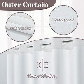 SORTTO No Hook Slub Textured Shower Curtain with Snap in Liner - White Fabric Outer Curtain & Waterproof Inner Liner, Hotel Style with See Through Top Window, 71x86 in