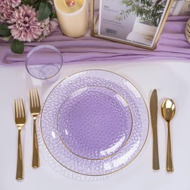 DaYammi 175 Pcs Plastic Dinnerware Set (25 Guests), Clear Purple and Gold Plastic Plates, Hammered Party Plates Include Dinner Platos, Dessert Platos, Cups, Gold Cutlery Set And Napkins for Party