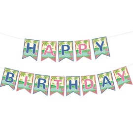 Hawaii Happy Birthday Banner, Pre-Strung Paper Pink Blue Cartoon Birthday Banner Summer Tropical Hawaiian Theme Party Baby Shower Decoration Supplies (Color 2)