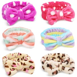 IVARYSS Makeup Headband, 6 Pcs Microfiber Soft Fuzzy Spa Headband for Washing Face, Cosmetic Facial Shower Head Wraps, Cute Colorful Bow Hair Band for Women and Girls (Color A)