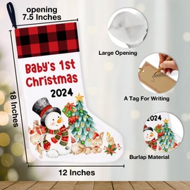 GOLSOO Baby’s 1st Burlap Christmas Stocking 2024 Red Buffalo Plaid Snowman Baby’s First Steps Newborn Christmas Stocking Hanging Xmas Decor Gifts for Fireplace Home 18 x 12 x 7.5 Inches
