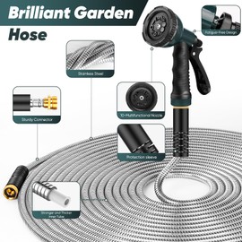 Amayrose Garden Hose 100 FT with 10-Function Nozzle, Leak-proof Metal Connector Water Hose, No Knots, Kink-Free, Lighter, Anti-Pets, Wear-Resistant, 3/4 GHT, Metal Hose for Garden, Yard, Outdoor