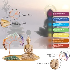 7 Chakra Healing Crystal Tree and Zen Statue, Sakyamuni Buddha Statue, Meditation Chakra Decoration, Home, Shelf, Office, Mantle Decoration, Good Luck, Health and Wealth
