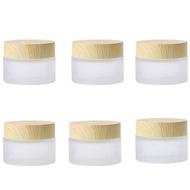 Empty Cosmetic Frosted White Glass Face Cream Jar,Refillable Frosted Glass Jars With Liners And Wood Grain Cap Portable Cream Lip Balm Lotion Storage Bottles,6pcs (50g)