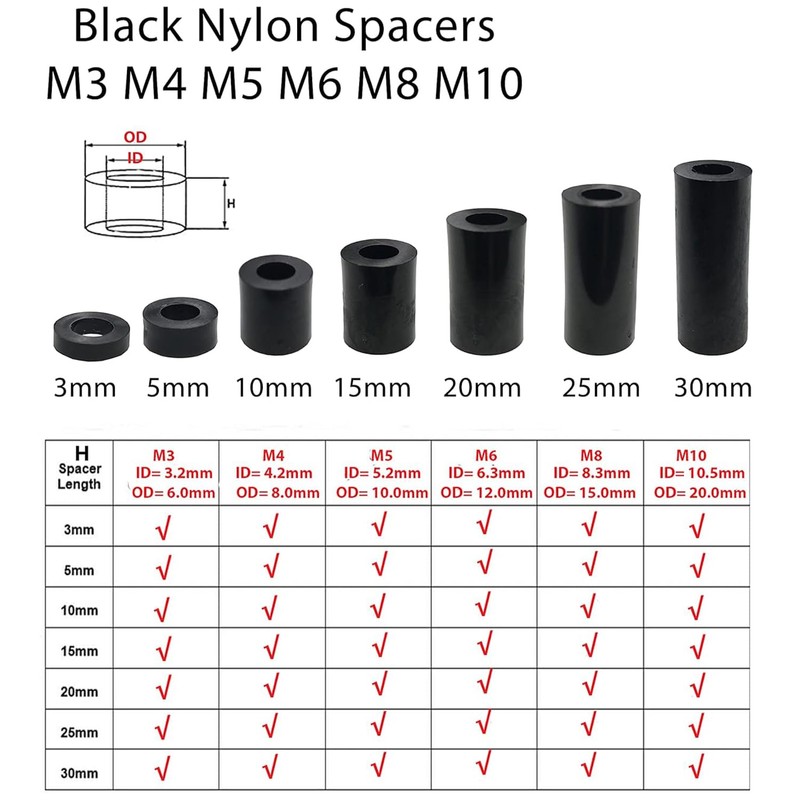 Nylon Plastic Spacers, Black Nylon BS Round Spacer Washer Assortment