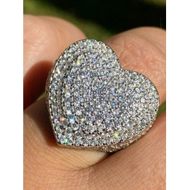 Solid 925 Sterling Silver - Heart Shaped - Large Hip Hop Iced Ring - Fully Flooded Out Man Made Diamonds - Sizes 7-13 (8)