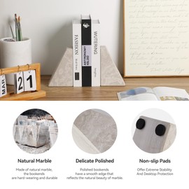 Marble Bookends for Heavy Books, Decorative Book Ends for Shelves, Durable and Heavy-Duty Bookends for Hardback Book & CDS, Off-White Unique Books Stopper & Holder, Set of 2