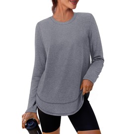 Workout Tops for Women Long Sleeve Uv Sun Protection UPF Clothing Rash Guard Moisture Wicking Pilates Outfits Tunics to Wear with Leggings Grey Fall Winter L
