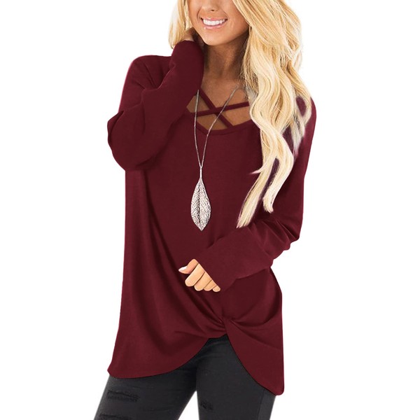NIASHOT Tops for Women V Neck Twist Knot Long Sleeve