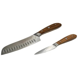 Swiss Diamond Santoku & Paring Knife, German Steel with Carbonized Ash Wood, Full Tang Handle, Damascus Blade Chef Knives Professional Grade, 55+2 Rockwell Hardness, 7 & 4.5 Inch