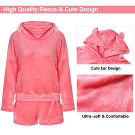 Women Cat Embroidery Pajamas 2pcs Winter Cute Girls Hooded Sleepwear Cat Ear Bathrobe Long Sleeve Shorts Fleece Tracksuit Suit (XL, Pink)