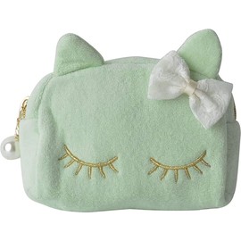 Carbeads Pouch, Women's, Makeup Pouch, Cosmetic Pouch, Accessory Holder, Large, Cute, Functional, Cat Pattern, Cat, Velour, Pile, Denim, Fringe, Miscellaneous Goods, 13. Pile mint/M