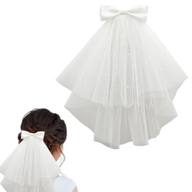 Bridal Hair Bow Veil with Pearl,Hen Do Veil Party Accessories,White Hair Bow Clip Bachelorette Party Accessories