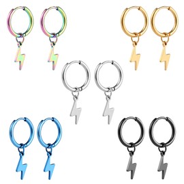 Epoch World 5 Pairs Titanium Stainless Steel Huggie Hinged Small Silver Hoop Earrings for Men Women Black Earrings Men Lightning Bolt Earrings Boys Women Earrings Hoop Gold Earrings Men Set Piercing