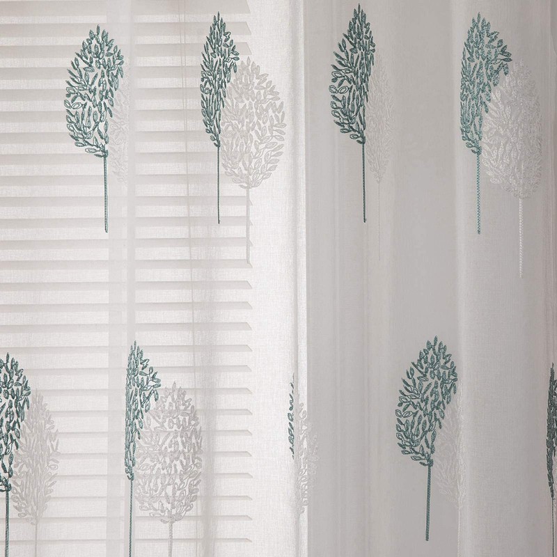 MIULEE Leaves Embroidery Sheer Curtains Grommet Window Curtain Semi Voile