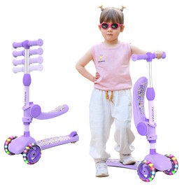TONBUX Kids Scooter with Seat, 3 Wheels Scooter with PU Luminous Wheels, Non-Slip Handle and Wide Deck, Sensitive Brakes, 4-Level Adjustable Height, Scooters for Kids 2–8 Years Purple