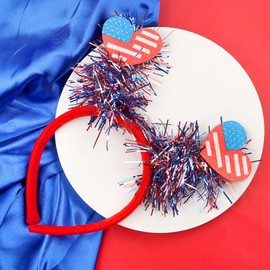 SeBneny 4th of July Headband for Women, USA Flag Heart Headbands with Tinsel, Blue White Red Ribbon Hair Hoop, Independence Day Party Accessory, Patriotic Party Hair Supplies