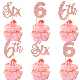 24 piezas de 6 decoraciones para magdalenas con purpurina para 6 cumpleaños, decoraciones para cupcakes número 6, para baby shower, niños, 6 cumpleaños, aniversario, fiesta, decoración de pasteles, suministros de oro rosa