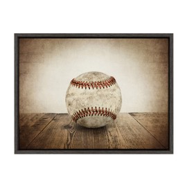 DesignOvation Sylvie Vintage Baseball Framed Canvas By Shawn St. Peter, 18x24 Dark Grey, Transitional Sports Wall Decor For Office, Bedroom, Or Living Room