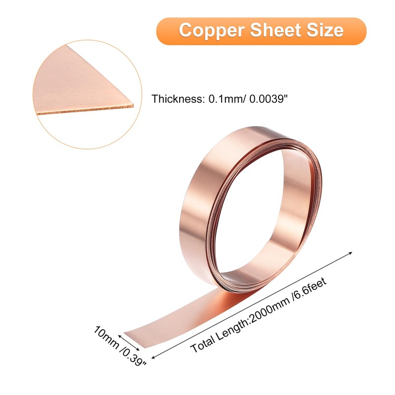 sourcing map Copper Sheet Roll 2000mm x 10mm x 0.1mm,
