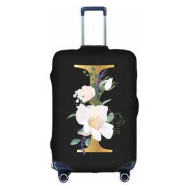 Flower Letter I Black Luggage Cover Elastic Washable Stretch Suitcase Protector Anti-Scratch Travel Suitcase Cover for Kid and Adult S (18-21 inch suitcase)