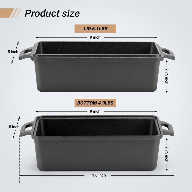 Northriver Casting 9×5 Inch Cast Iron Loaf Pan with Lid